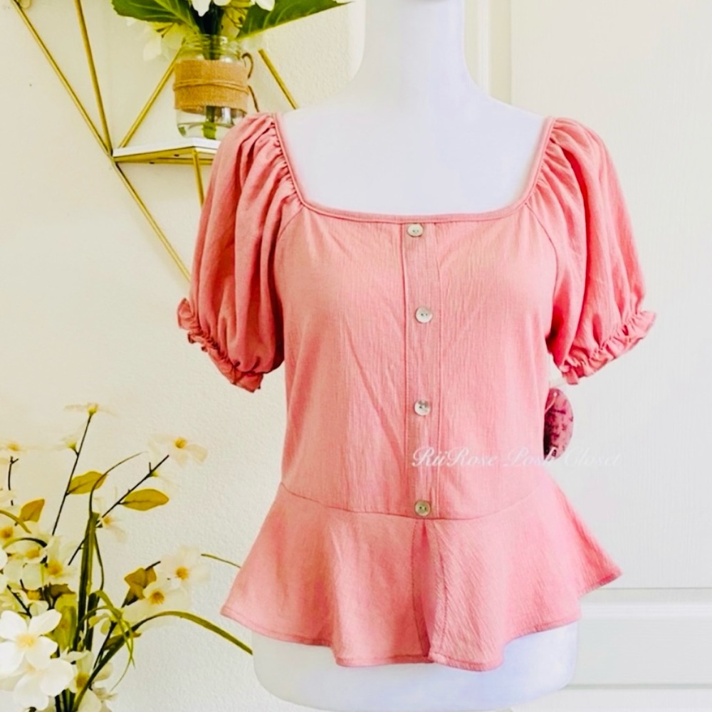 NWT Love + Joy Pink Puff Sleeve Button-Down Top